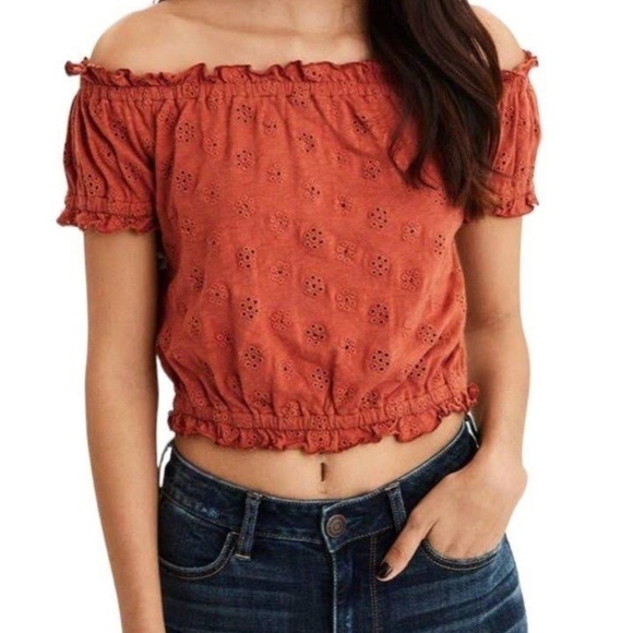 American Eagle Outfitters Eyelet Bubble Off Shoulder Sleeve Crop Top Rust Color - Picture 1 of 5